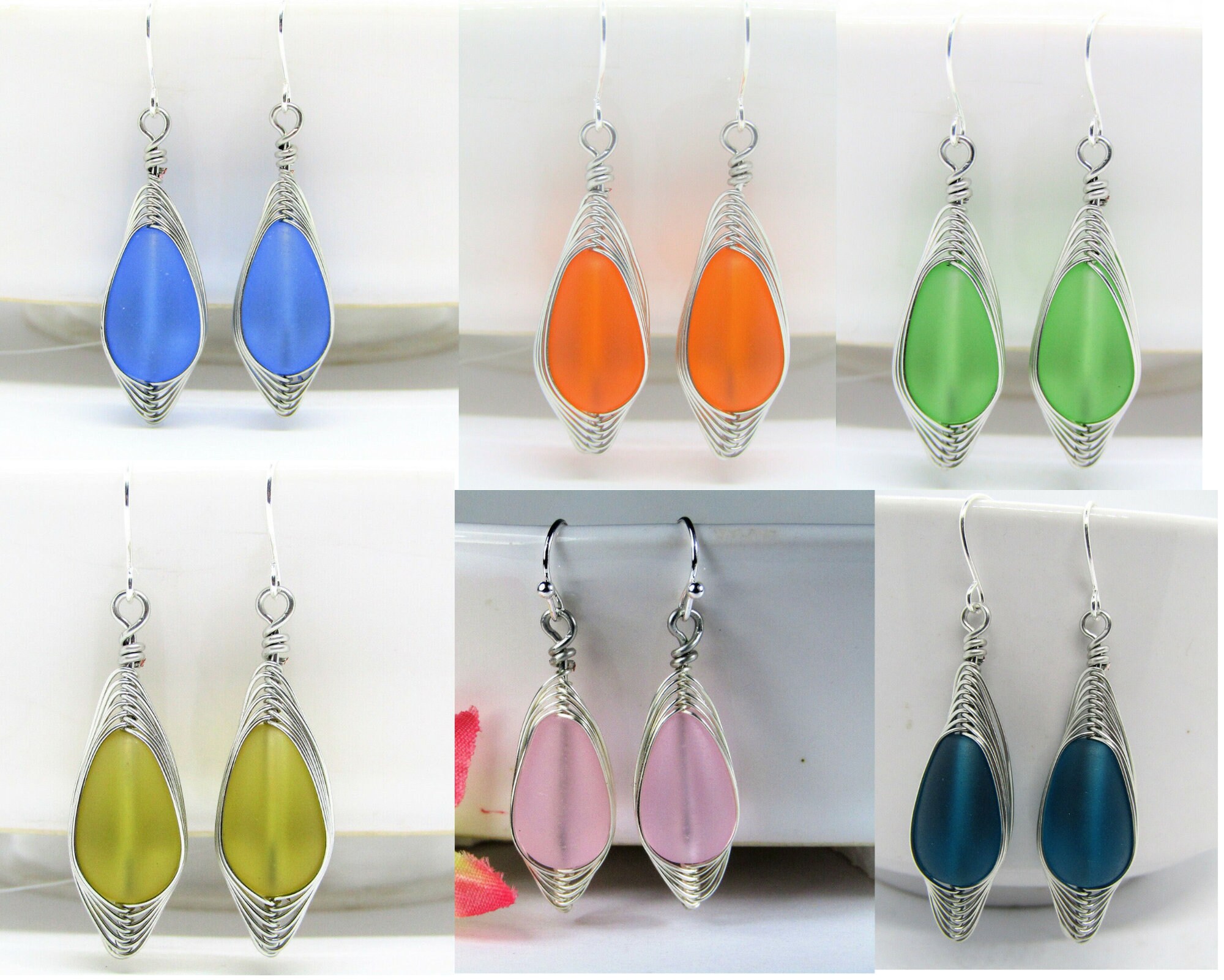 Bad Apple Designs Frosted Teal Sea Glass Teardrop Dangle Earrings – Silver, Beach Fashion