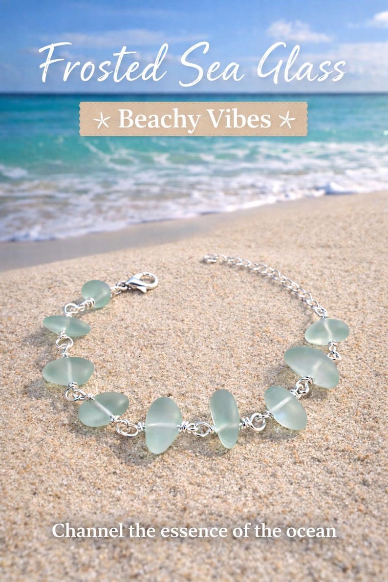 Frosted Aqua Sea Glass Bracelet • Coastal Silver Jewelry • Lightweight Everyday Bracelet • Beach Inspired Gift image 6