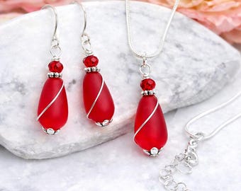 Red Sea Glass Jewelry Set | Last Minute Gift for Her | Self Care Jewelry for Women | Unique Gift for Yourself