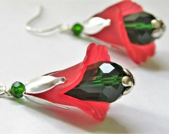 Red & Green Flower Dangle Earrings, Gift For Her, Birthday, Mom, BFF Jewelry