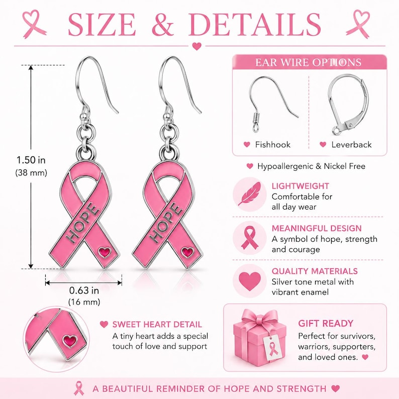 Breast Cancer Awareness Jewelry Set, Pink Ribbon Necklace and Earrings, Hope Jewelry, Survivor Gift, Cancer Warrior Gift, October Awareness image 5