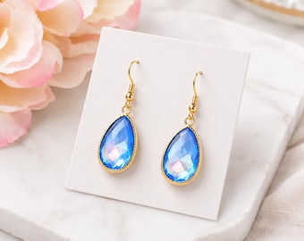 Rainbow Blue Teardrop Earrings, Something Blue Bridal Earrings, Blue Crystal Dangle Earrings, Bridesmaid Gift, Gold Earrings, Gift for Her