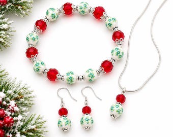 Christmas Jewelry Set, Red Crystal Necklace Earrings Bracelet Set, Holiday Gift for Her, Christmas Bracelet Set, Festive Jewelry
