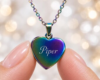 Personalized Rainbow Heart Necklace, Custom Name Necklace, Engraved Stainless Steel Jewelry, Gift for Her or Daughter