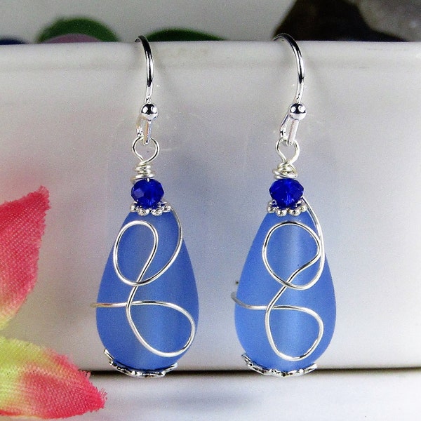 Cobalt Blue Sea Glass Earrings, Wire Wrap Sea Foam Sea Glass Earrings, Tear Drop Dangling Ear Rings, Eco & Allergy Free Beachy Jewelry