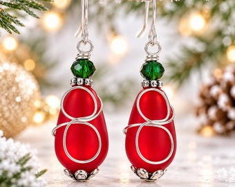 Red and Green Christmas Earrings, Frosted Glass Teardrop Dangles