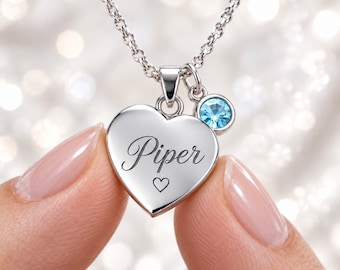 Personalized Birthstone Name Necklace, Engraved Heart Necklace, Stainless Steel Jewelry, Custom Birthday Gift for Her, Mom or Daughter
