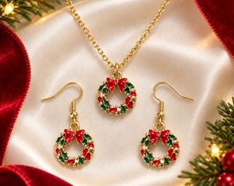 Christmas Wreath Jewelry Set, Holiday Necklace and Earrings, Gold Enamel Christmas Jewelry, Festive Gift for Her, Stocking Stuffer