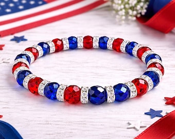 Patriottische rood-witblauwe stretcharmband – hypoallergene kralenarmband, 4 juli-sieraden, aangepast formaat comfortarmband