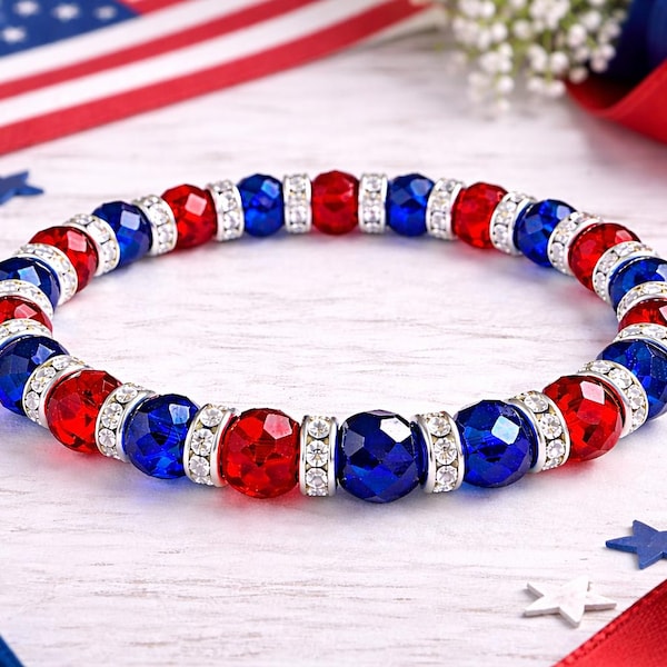 Patriotic Red White Blue Stretch Bracelet – Hypoallergenic Beaded Bracelet, 4th of July Jewelry, Custom Size Comfort Bracelet