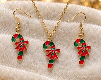 Candy Cane Jewelry Set, Christmas Necklace and Earrings, Red Green Enamel Holiday Jewelry, Christmas Gift for Her, Stocking Stuffer