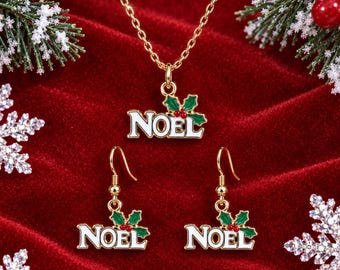NOEL Christmas Jewelry Set, Holiday Necklace and Earrings, Gold Enamel Jewelry, Christmas Gift for Her, Festive Jewelry Set