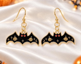 Black Bat Earrings, Halloween Dangle Earrings, Spooky Enamel Jewelry, Gothic Earrings, Halloween Gift for Her