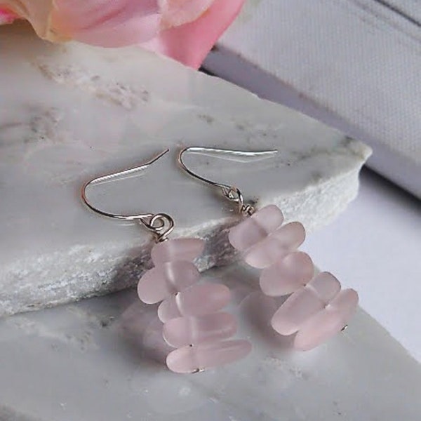 Pink Pebble Shaped Frosted Sea Glass Silver Ladies Dangle Earrings- Seaglass Beach Jewelry-Gift For Beach Lover's, Awareness Earrings