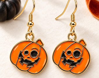 Jack O Lantern Earrings, Pumpkin Halloween Earrings, Orange Enamel Dangle Earrings, Spooky Jewelry, Cute Halloween Gift