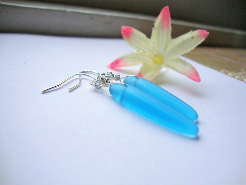 Long Caribbean Blue Sea Glass .925 Sterling Silver Dangle Earrings