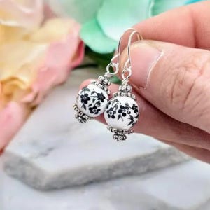 Black Flower Dangle Earrings: Silver Plated Floral Jewelry