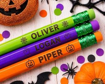 Personalized Halloween Pencils, Custom Name Pencils, Halloween Classroom Favors, Non Candy Treats, Boo Basket Gifts for Kids