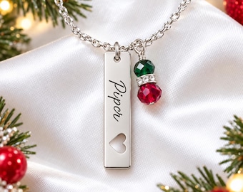 Personalized Christmas Bar Necklace, Custom Name Engraved Necklace, Silver Heart Cutout Pendant, Red Green Crystal Gift for Her