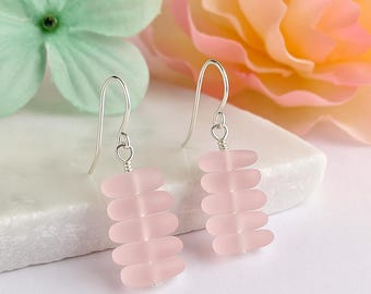 Handmade Pink Sea Glass Jewelry Set: Sterling Silver, Boho Beach Style
