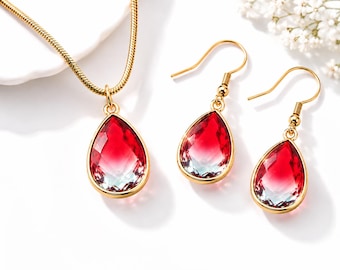 July Birthstone Jewelry Set, Ruby Red Necklace and Earrings, July Birthday Gift for Her, Red Ombre Crystal Jewelry, Ruby Birthstone Gift