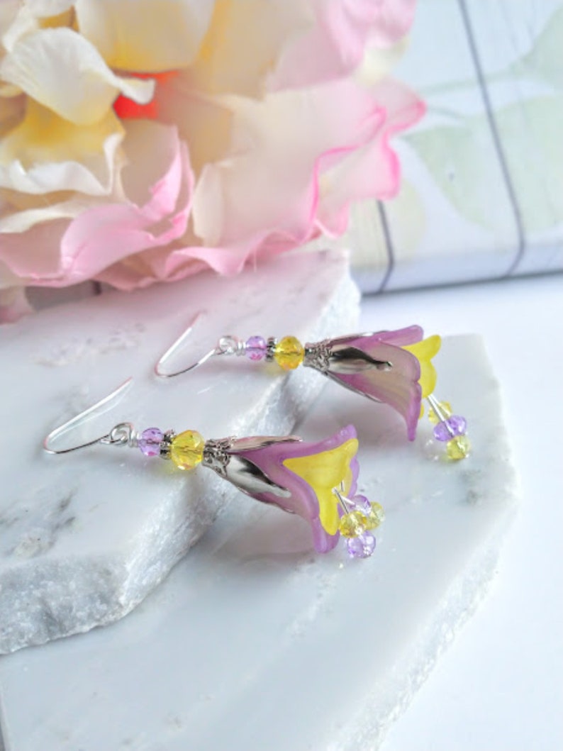 Flower Earrings, Purple & Yellow Floral Dangle Earrings, Garden Party Earrings, Boho Earrings, Lucite Earrings, Bohemian Jewelry image 2