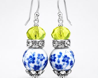 Ceramic Earrings, Blue and White Porcelain Earrings, Floral Bead Dangle Earrings, Silver Flower Jewelry Gift for Her