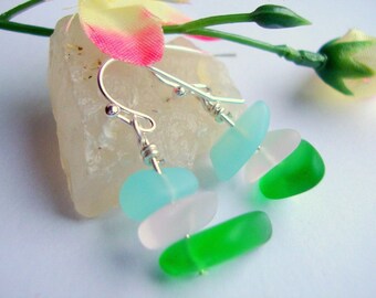 Green Pink Blue Pebble Shaped Frosted Sea Glass Silver Ladies Dangle Earrings- Seaglass Beach Jewelry-Beach Wedding-Gift For Her