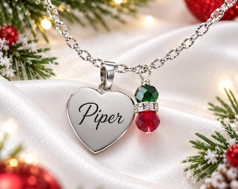 Personalized Christmas Name Necklace, Engraved Heart Pendant, Custom Front Back Engraving, Red Green Crystal Jewelry Gift