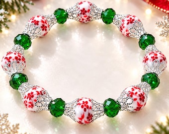 Christmas Bracelet for Women, Red Floral Ceramic Beaded Bracelet, Green Crystal Holiday Jewelry, Festive Gift for Her