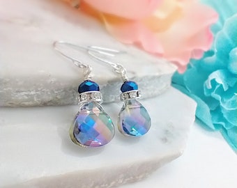 Faceted Metallic Blue Crystal Teardrop Silver Dangle Earrings, Ladies Bridal Earrings, Crystal Drops