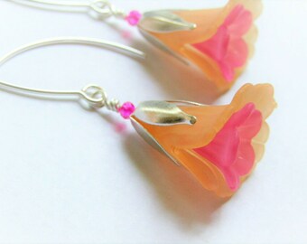 Handmade Caps Silver Bead Orange/Pink Cala Lily Lucite Crystal Flower Earrings Floral Ear Wires - Casual Wear Jewelry by Bad Apple Designs