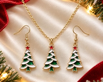 Christmas Tree Jewelry Set, Holiday Necklace and Earrings, Gold Enamel Jewelry, Festive Christmas Gift for Her, Stocking Stuffer