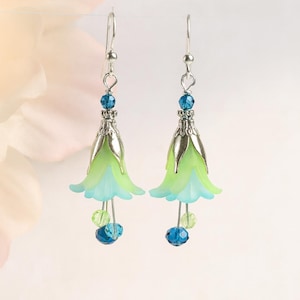Green Blue Floral Earrings – Boho Fairy Drop Earrings, Handmade Lightweight Jewelry, Gift Box Ready, Romantic Flower Dangles