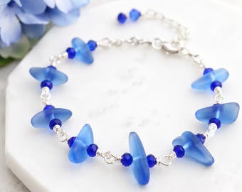 Pulseira de Cristal Azul, Pulseira Azul Cobalto, Joia Azul Feita à Mão, Pulseira Ajustável, Presente para Ela, Pulseira Azul Safira