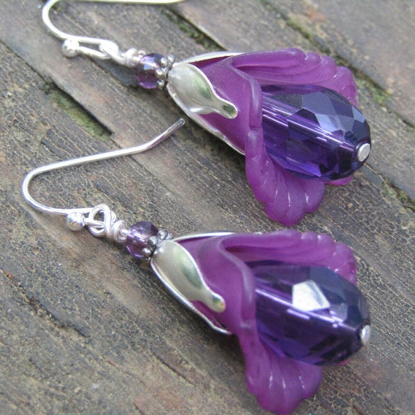 Lucite Flower Earrings Purple Tulip Cala Lily Silver Dangle Earrings Sparkling Crystal