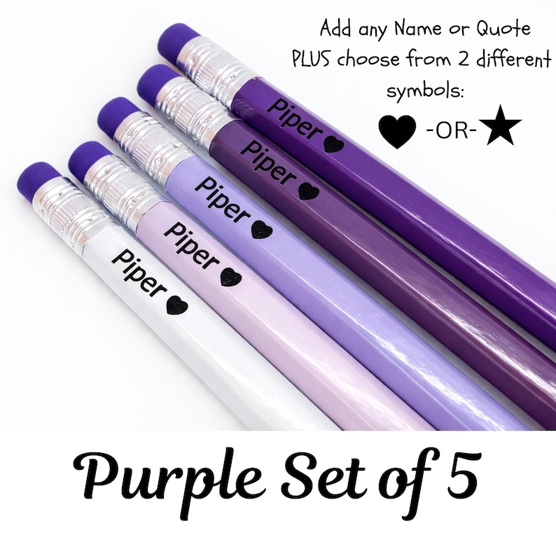 May include: A set of five purple pencils with the name "Piper" and a heart symbol printed on them. The pencils are in shades of purple, from white to dark purple, with purple erasers. The text "Purple Set of 5" is at the bottom.