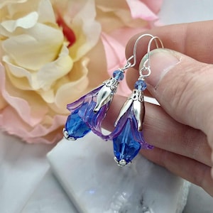 Purple Flower Dangle Earrings: Sterling Silver Floral Drops