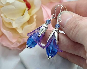 Purple Flower Dangle Earrings: Sterling Silver Floral Drops