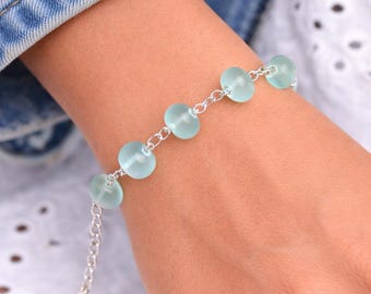 Sea Glass Beaded Chain Bracelet • Coastal Blue Jewelry • Lightweight Everyday Wear