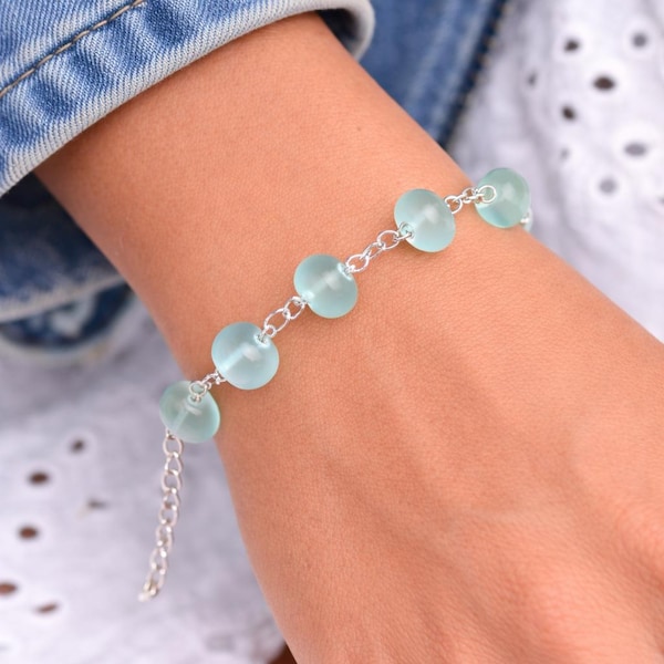Sea Glass Beaded Chain Bracelet • Coastal Blue Jewelry • Lightweight Everyday Wear