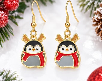 Penguin Christmas Earrings, Festive Enamel Dangle Earrings, Gold Plated Holiday Jewelry, Teacher Gift, Stocking Stuffer