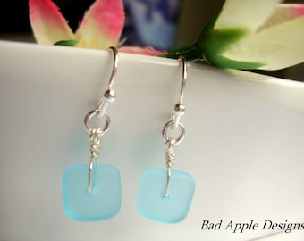 Dainty Sea Glass Blue Dangle Earrings, Coastal Themed Earrings, Small Blue Seaglass Earrings,  Beachy Earrings, Gift For Her