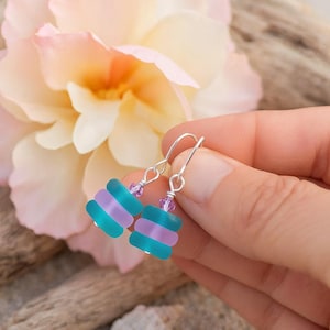 Handmade Sea Glass Earrings • Boho Beach Jewelry • Lightweight Dangle Earrings • Ocean Inspired Gift for Her • Stacked Turquoise & Lavender