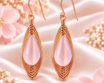 Pink Teardrop Earrings, Rose Gold Wire Wrapped Dangle Earrings, Blush Pink Drop Earrings, Romantic Gift for Her