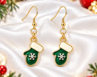 Green Christmas Mitten Earrings, Enamel Snowflake Holiday Dangles, Gold-Plated Lightweight Earrings, Stocking Stuffer Gift
