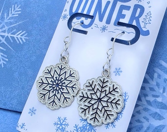 Silver Snowflake Dangle Earrings | Holiday Winter Jewelry
