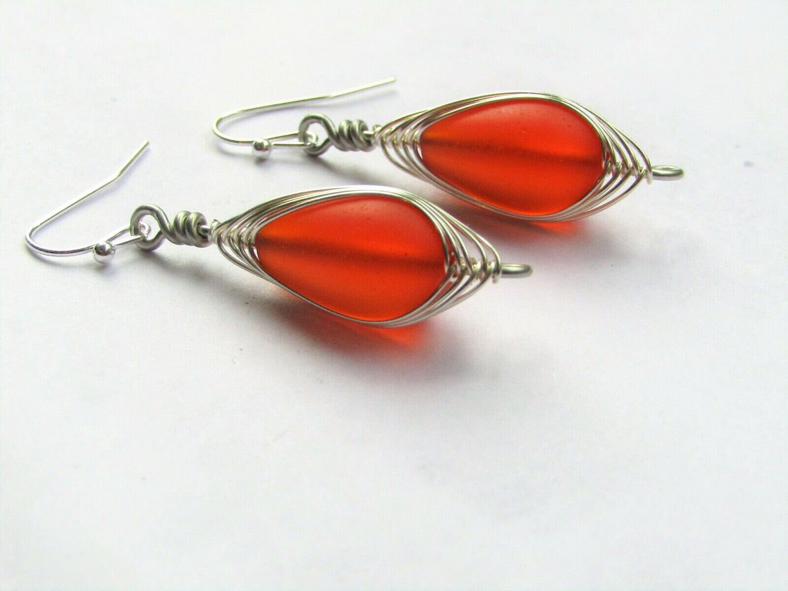 Orange SEA GLASS Teardrop COPPER Weave Wire Dangle Earrings USA HANDMADE 
