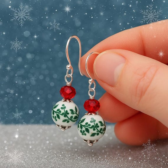 Red Crystal Floral Christmas Earrings | Holiday Dangle Jewelry