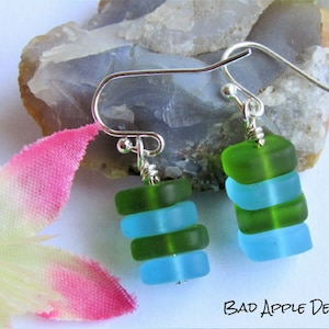 Unique Ocean Inspired Green & Blue Sea Glass Earrings, Gift For Her, Beach Jewelry, Dainty Sterling Silver Drop Earrings, Beaded Earrings